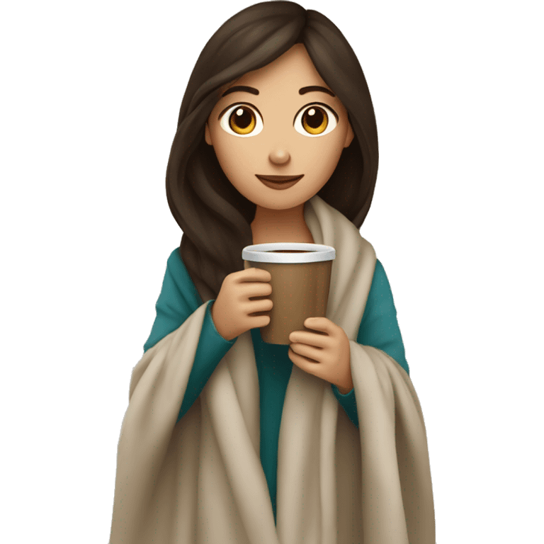 Brunette girl in blanket drinking coffee emoji