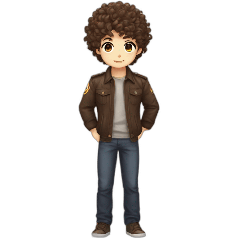 Chibi male, Curly brown hair and eyes, anime salute emoji