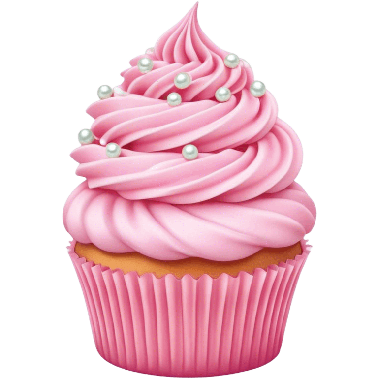 Cinematic Realistic Pink Cupcakes, fluffy pastel pink frosting swirled elegantly on top of golden cupcakes, tiny edible pearls adding a delicate touch, soft warm lighting creating a dreamy atmosphere, glowing with sweetness and charm. emoji