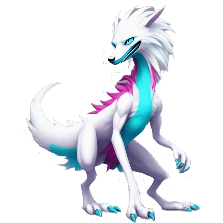 White elegant beautiful natural cute badass epic anthro modern albino sergal-vernid-Fakémon with cyan mane and magenta eyes with cyan edgy stripes, anthropomorphic, two-legged, digitigrade, full body emoji