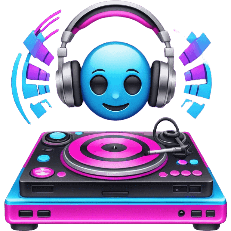 Create a dynamic and modern emoji that represents remixing music. The design should feature a turntable, a soundwave, and music editing software icons to symbolize the process of transforming original tracks. Add elements like a DJ controller or headphones to emphasize the remixing aspect. Use vibrant colors like neon pink, electric blue, and purple to convey the energy and creativity involved in remixing. The background should be transparent. emoji