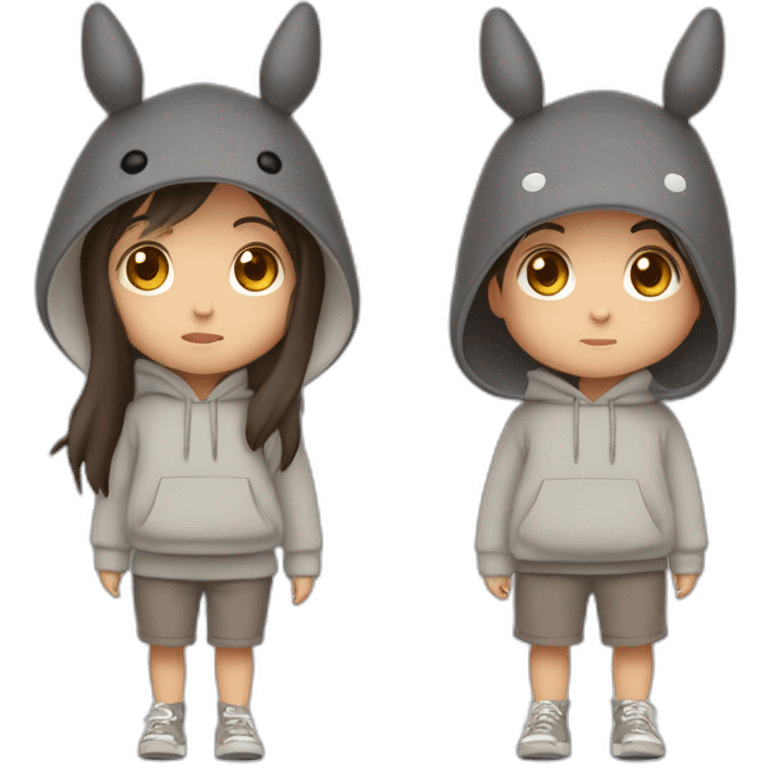 Fille Brune avec un sweat-capuche Totoro avec les couleurs de Totoro emoji