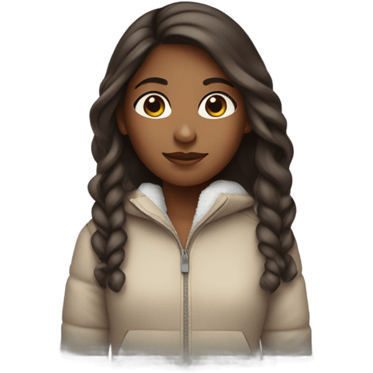 Brown girl with long brown  hair in a snow suit  emoji