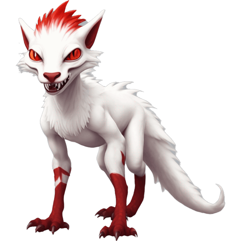 White edgy cute badass epic anthro modern albino sergal-vernid-Fakémon with red mane and red eyes with red edgy stripes, full body emoji