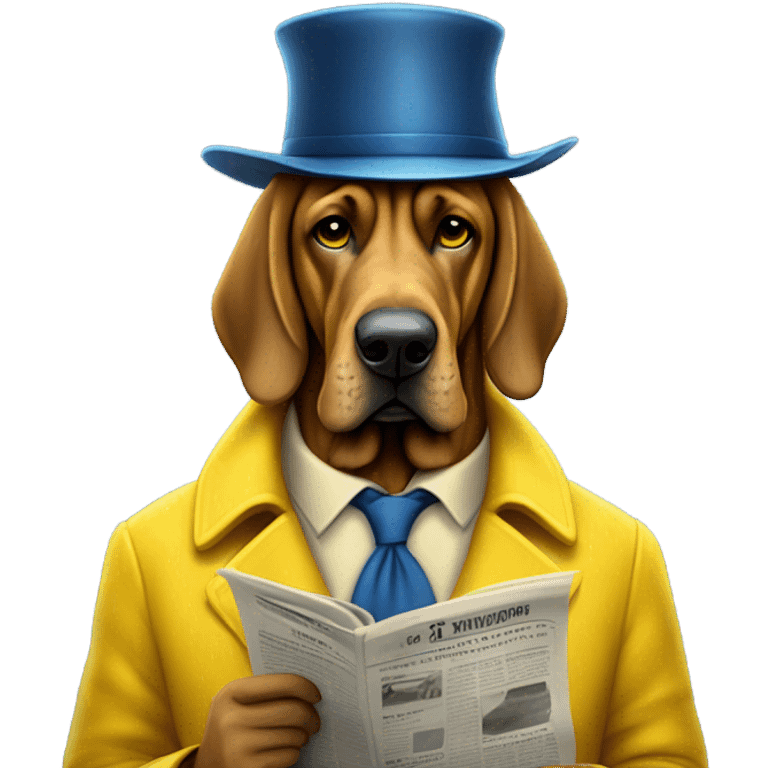 Full body blue and yellow bloodhound-wearing bifocals in the rain reading a newspaper with To hat and trenchcoat. emoji