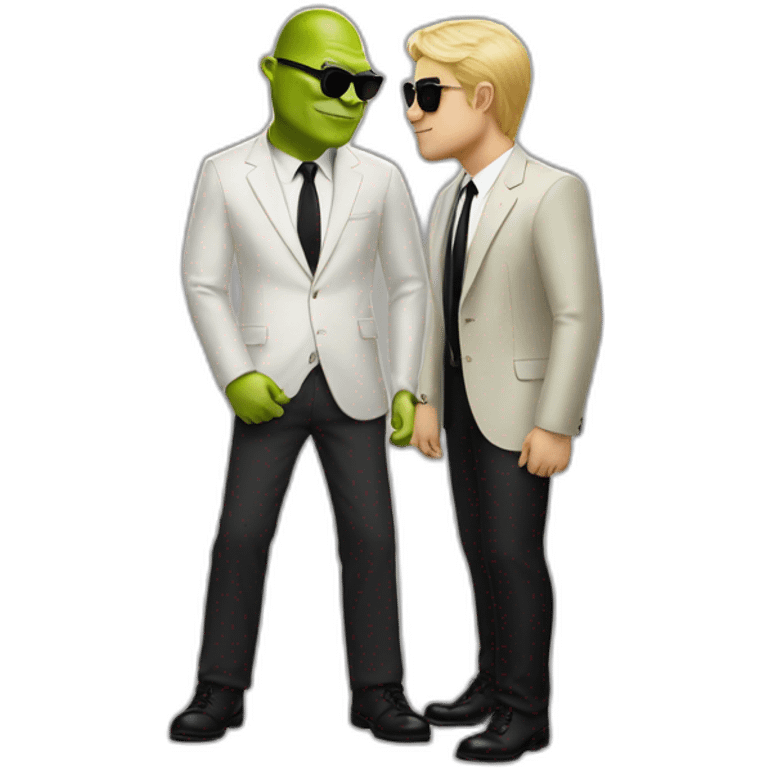 shrek kissing with white-guy-wearing-suit-with-blonde-hair-and-black-sunglasses-standing-with-black-shoes emoji