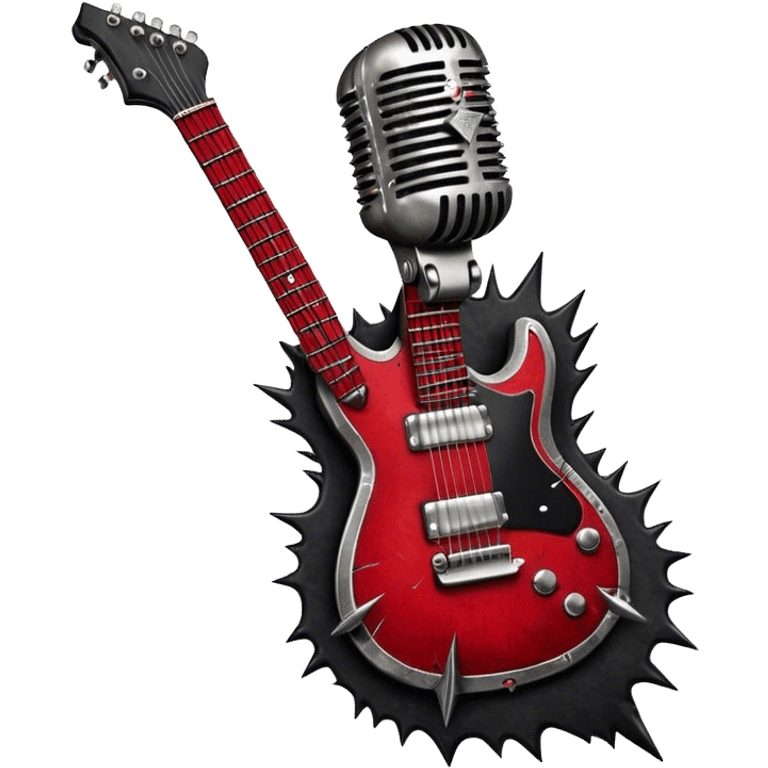 Create a powerful and dynamic humanless emoji representing rock vocals. The design should feature a classic vintage microphone with a rugged, distressed look, surrounded by elements like a guitar pick, electric guitar neck, and sound waves to reflect the raw energy of rock music. Add subtle details such as a spiked bracelet, leather textures, or bold lightning bolts to evoke the rebellious and intense spirit of rock. Use dark, edgy colors like black, red, silver, and metallic accents to emphasize the fierce, loud, and passionate nature of rock vocals. The background should be transparent. emoji