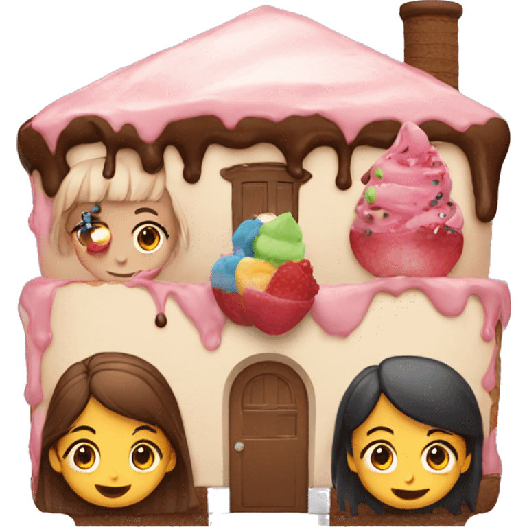 a dessert house with 3 girls and 2 boy emoji