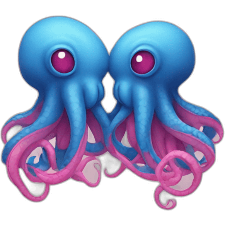 a blue kraken kissing an another pink kraken emoji