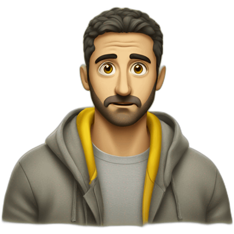 Armenian men in yellow sweatshirt shocked looking at kamera emoji