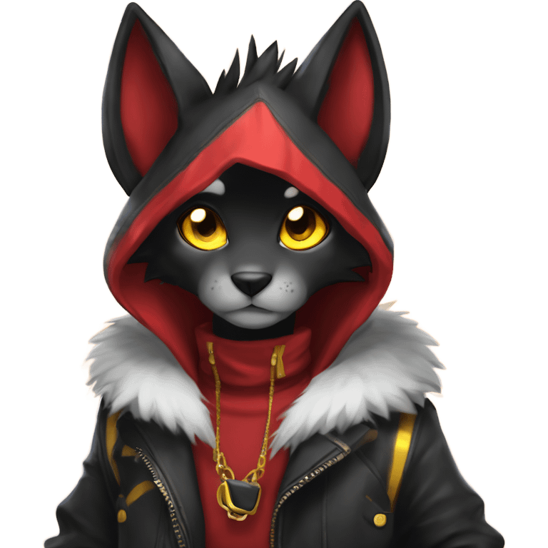 black Shiny Fionbri-Falvie-sparkle-sona with yellow eyes, red edgy markings full body fursona  emoji