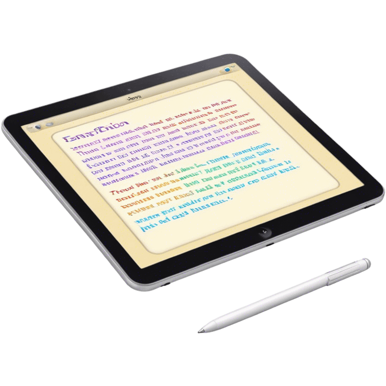 Create an emoji representing fanfiction writing. The design should feature a digital device tablet with visible text, symbolizing the creative process of writing fanfiction. Add a subtle reference to popular fictional characters or universes to indicate the fan aspect. Use a playful, imaginative color palette, blending vibrant tones with soft neutrals. Do not include any emojis or smiley faces. Make the background transparent. emoji