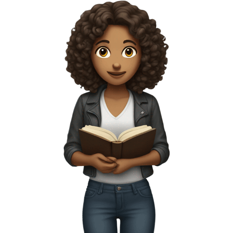 brunette curl mid length hair brown woman looking down at a book cozy aesthetic emoji