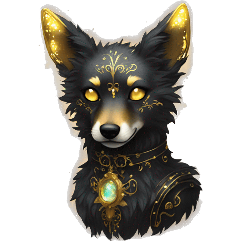 Black iridescent fluffy dog fox head zombie skeleton gold mechanical nebula galaxy stars flowers fairy lights vintage emoji