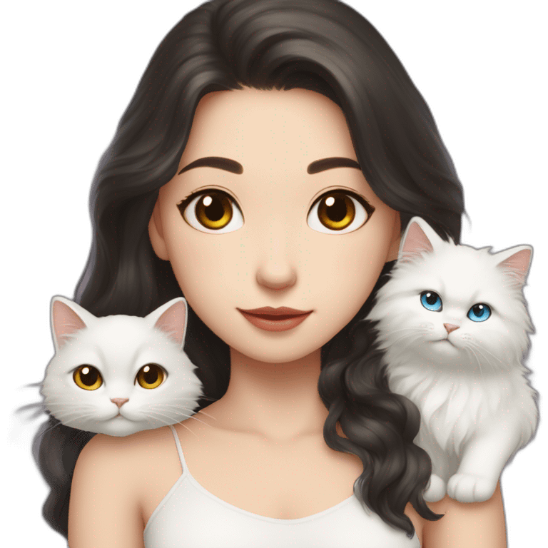 A girl with long dark hair and on her left shoulder and neck lies a white fluffy cat with different eyes emoji