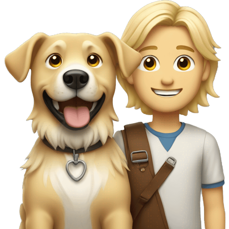 smiling blonde boy with beard and long hair with dog indoors emoji