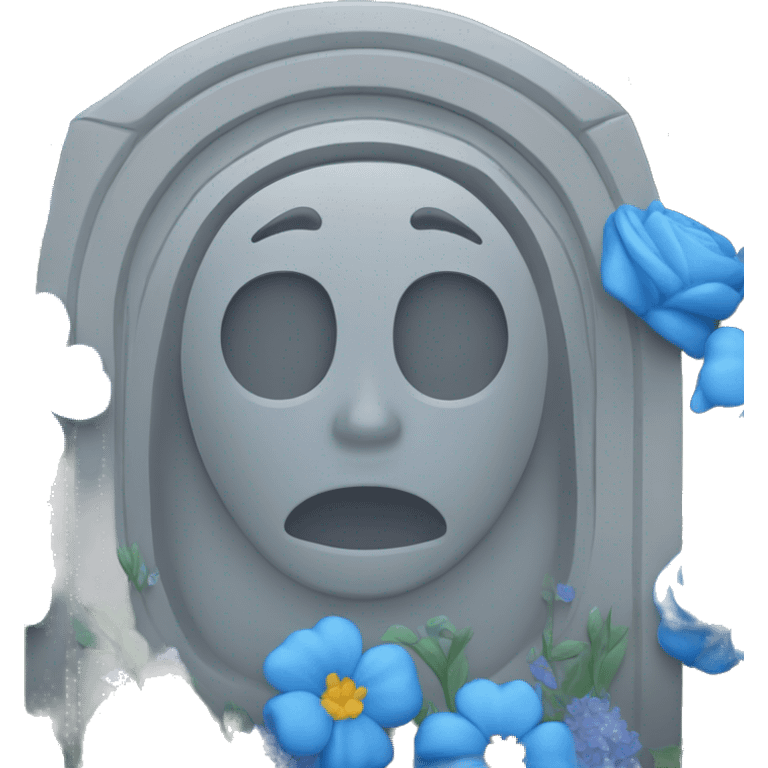 Grave stone with blue flowers and people crying emoji