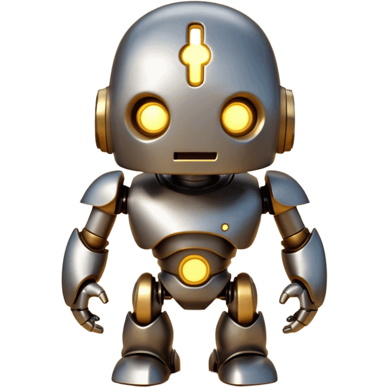 Cinematic Cute Mighty Iron Golem Portrait Emoji Head tilted playfully and inquisitively, featuring a sleek yet sturdy metal form with smooth, polished steel plating and glowing golden engravings, accented by faintly humming energy veins that pulse with life; rendered with lifelike clarity and soft, natural reflections, high shine, charming yet robust, styled with a touch of whimsical fantasy, soft glowing outline, capturing the essence of a watchful yet endearing golem, as if it might shift its massive head with a slow, thoughtful nod at any moment! emoji