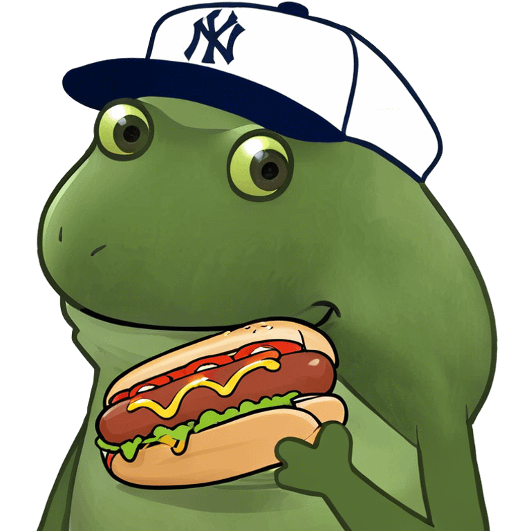 wearing a yankees hat, holding a hotdog emoji