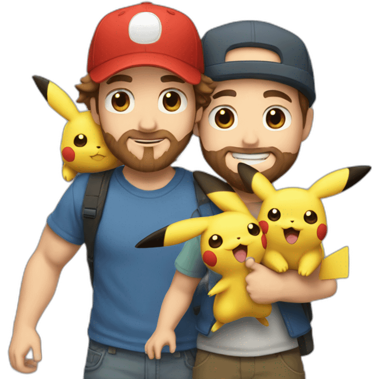 white man with brown hair and beard and a red cap, holding and a pikachu pokemon emoji