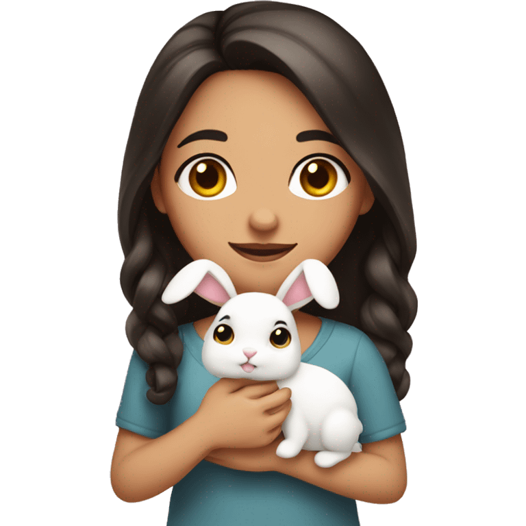 a girl with dark hair, brown eyes, with a bow on her hair, holding a bunny in her hands emoji