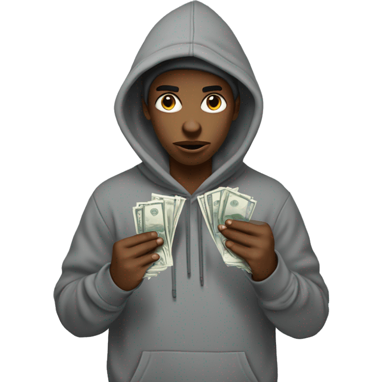 young hustler in hoodie with angry eyes holding lots of English pound notes in both hands  emoji