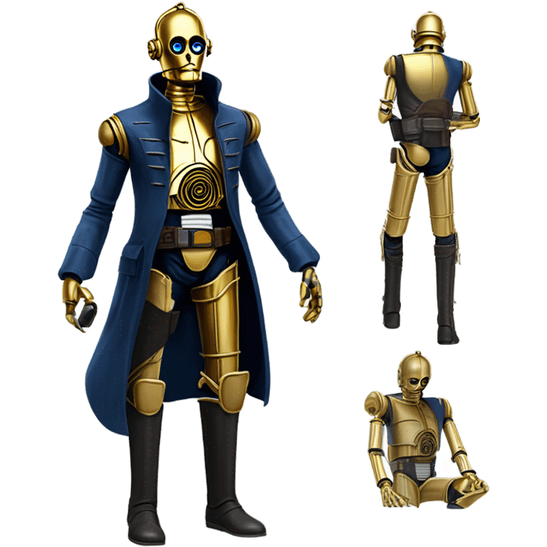 bounty hunter tarnished undercover tough well-equipped Jedi  life-sized darkblue-pearl C3po leather vest clothing pants and vest old west duster coat holding light saber sheriff emoji