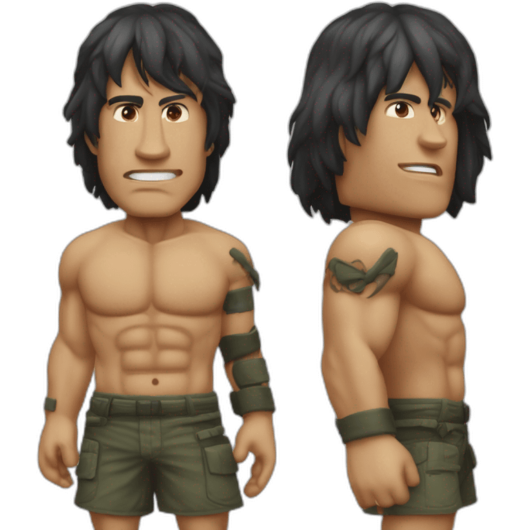 o rosto do Rambo com faixa vermelha na cabeça no corpo do The Rock de corpo inteiro emoji