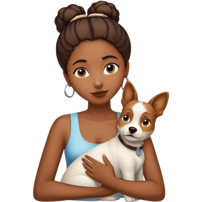 smart, 30 year old, brown African girl, back bun hairstyle, with one big white brown dog emoji