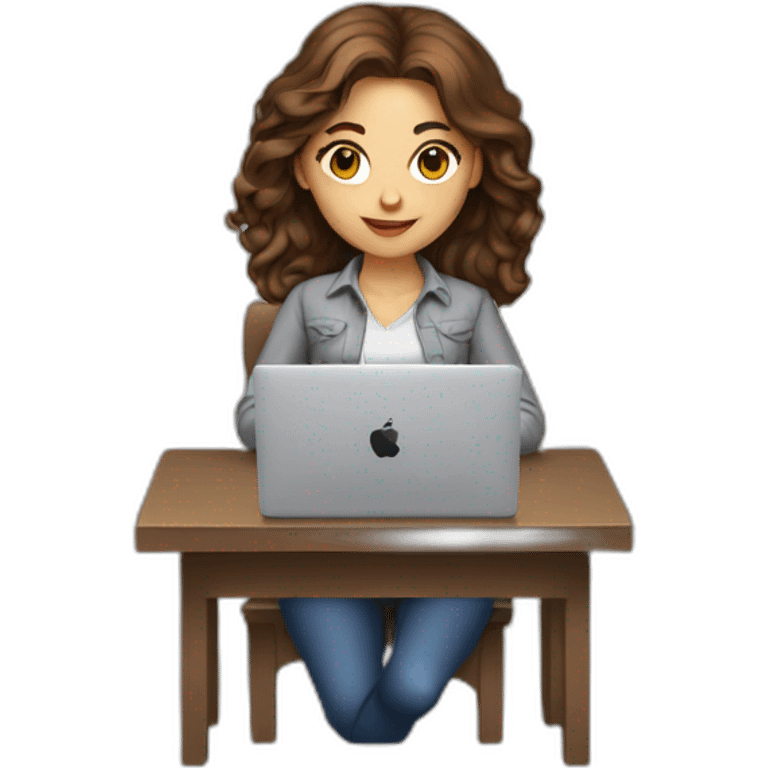 Beautiful programmer girl with brown hair working with MacBook emoji