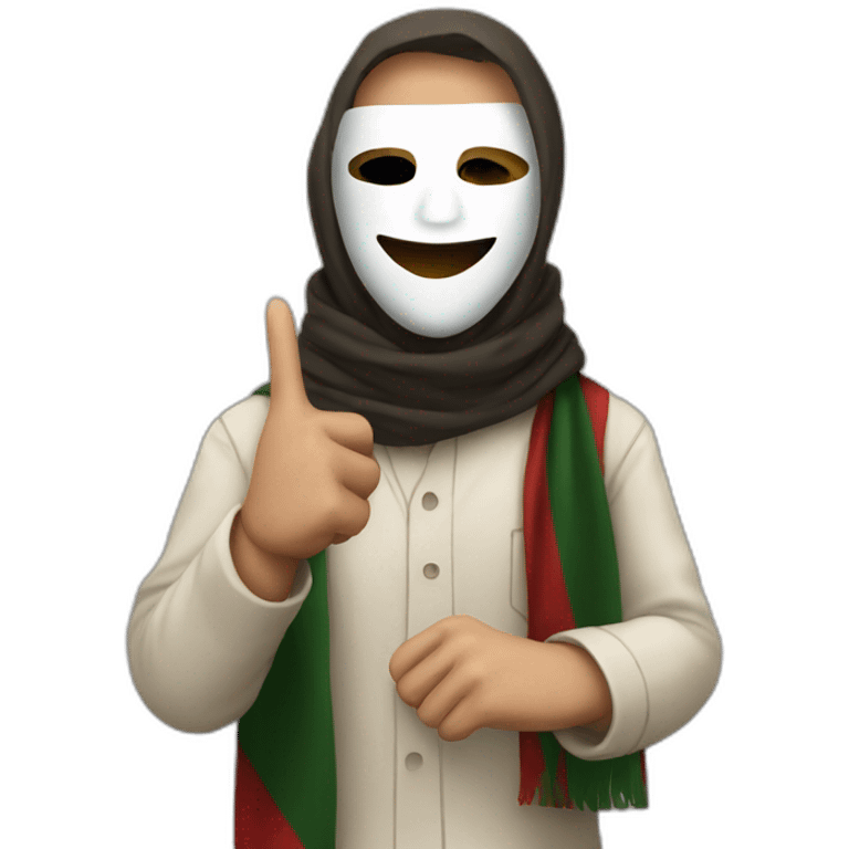 Masked with the Palestinian scarf and his skin color is white and he raises his index finger  emoji