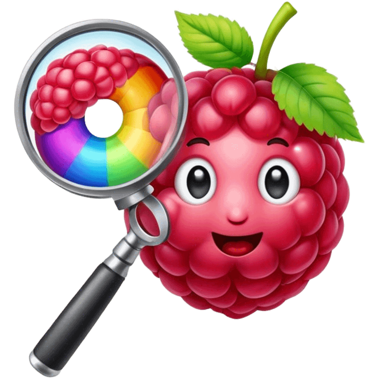 a raspberry holds an rainbow colored magnifier emoji