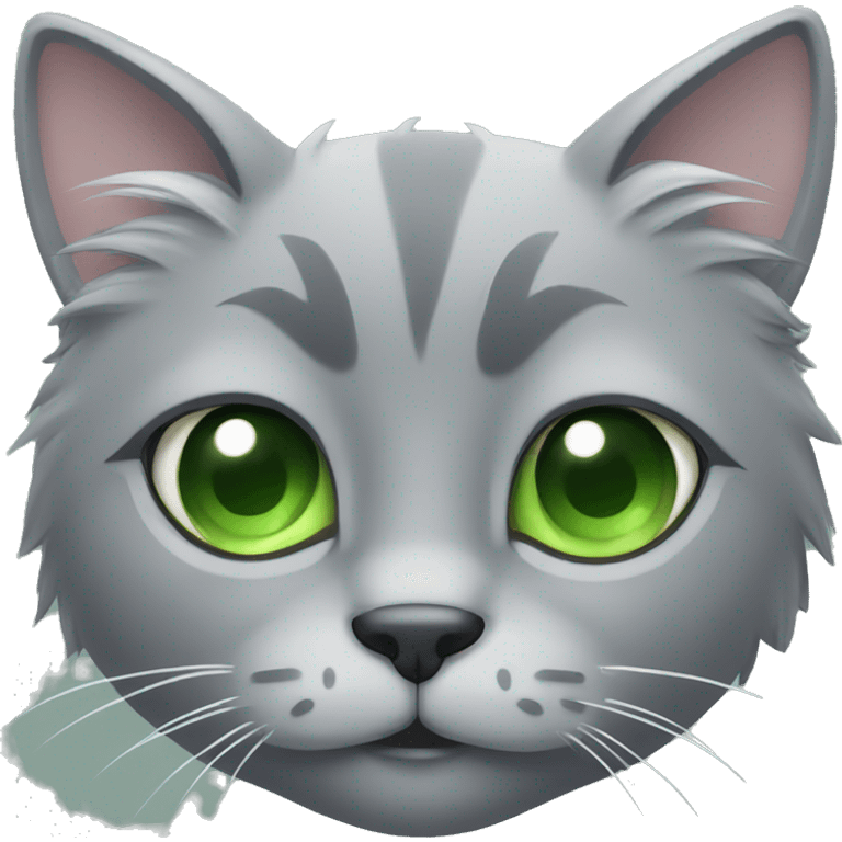 Fluffy grey cats head with green eyes emoji