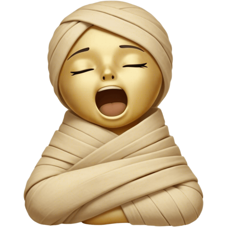 Cinematic Cute Yawning Mummy Portrait Emoji, with a snug, slightly askew bandaged form in warm, faded tones with gentle golden accents, head tilted back in a big, sleepy yawn revealing cute hints of ancient charm, simplified yet adorably detailed, glowing with a soft, nostalgic radiance and a gentle outline that captures a mummy’s tender need for rest! emoji