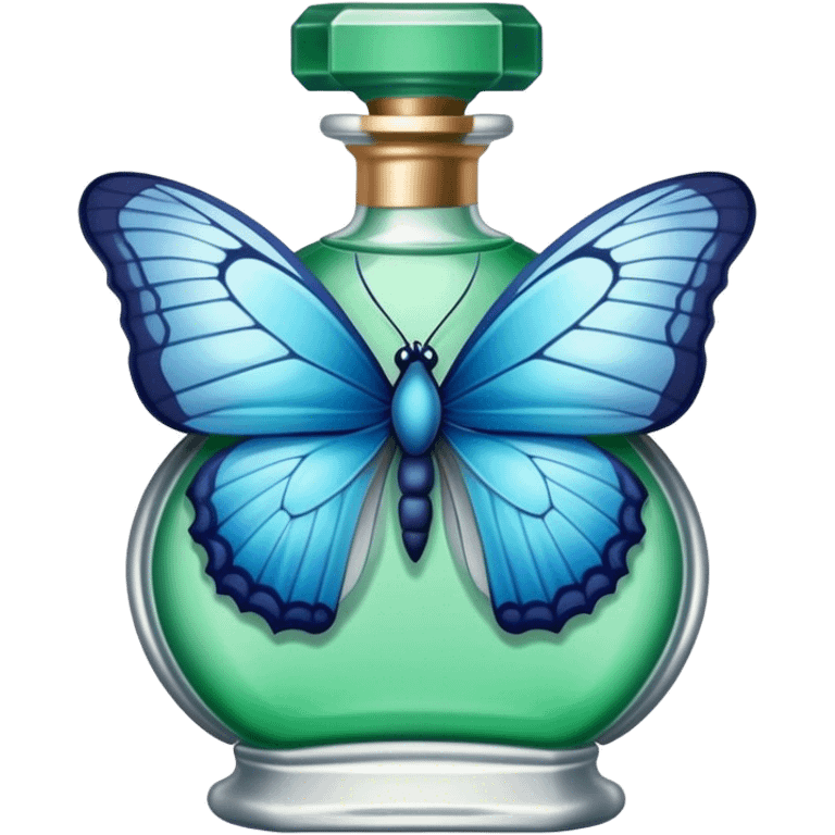 A single delicate blue butterfly resting on the edge of a lace-trimmed green  perfume bottle.
 emoji