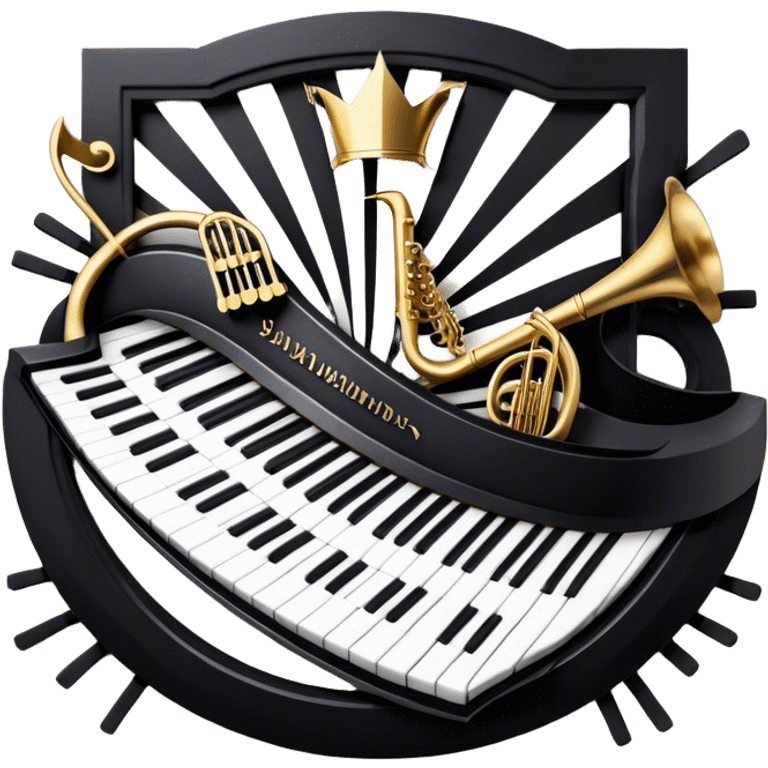 Create an elegant and festive emoji collage representing keyboard instruments, styled like a heraldic emblem. The design should feature a central focal point of black and white piano keys, arranged in a semi-circular or shield-like shape. Around the piano keys, add intertwining musical notes that form flowing ribbons, creating a dynamic and celebratory atmosphere. The design should be professional, with polished silver and gold accents on the keys and notes, highlighting the luxury and sophistication of the instruments. Add subtle shading and lighting effects to give the design a refined, 3D appearance. The background should remain transparent, and the overall feel should evoke grandeur, artistry, and a sense of celebration. emoji