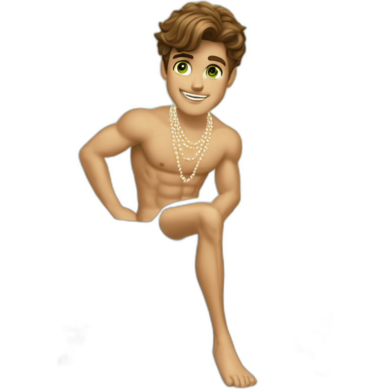 Posh-muscle-boy-brown-hair-green-eyes-pearl-necklace-in-golden-bathtub-legs emoji