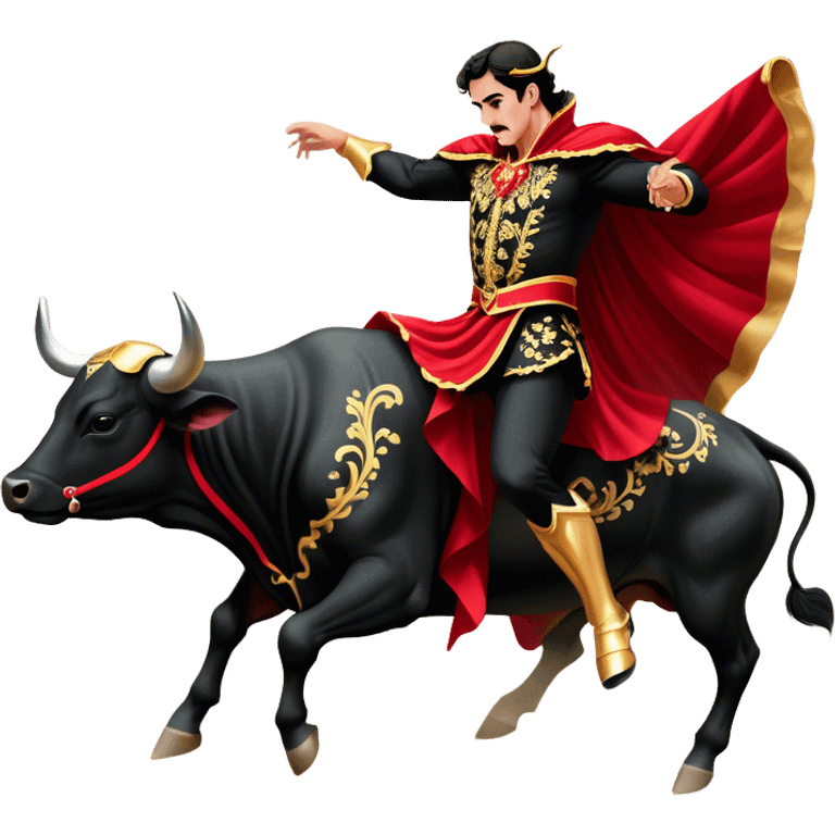 ​Cinematic Realistic Spanish Matador in Action, depicted in an ornate traje de luces with a flowing red cape, captured in the dramatic moment of confronting a charging bull in a traditional bullring, rendered with dynamic motion and dramatic lighting that encapsulates the intensity and artistry of the spectacle, emoji