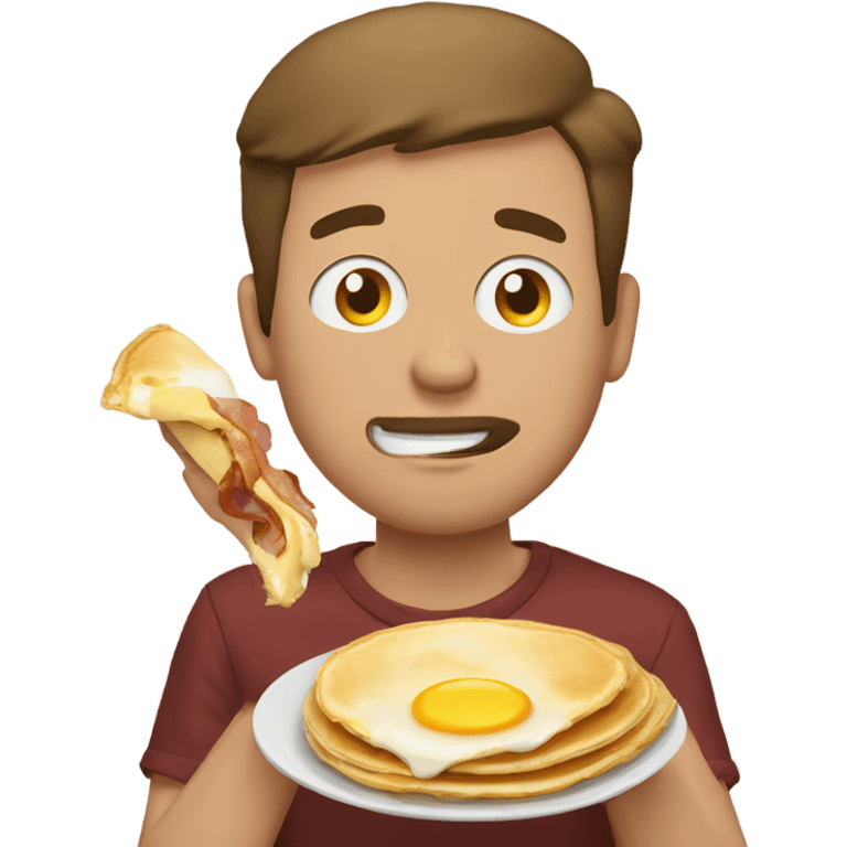 Man stuffing face with pancakes, eggs and bacon  emoji