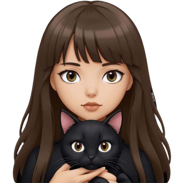 girl with long hair with Bangs, loves black cat, siren eyes cool but look humble, black clothes  emoji