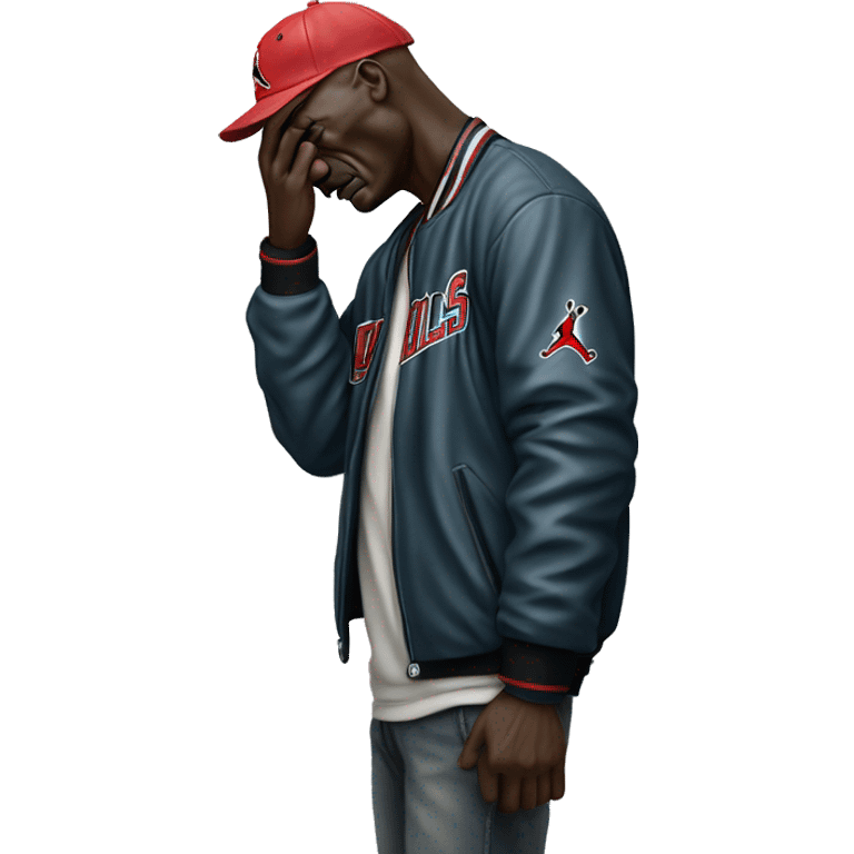 Michael Jordan in a jacket holds his head and is sad photorealistic serious emoji