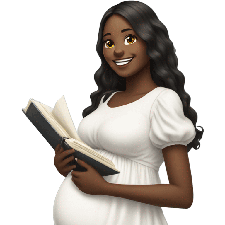 pregnant girl with long dark hair in a white dress with ruffles on it, holding an open photo album and looking at it with a smile emoji