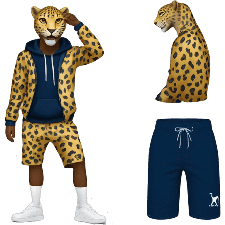 Leopard standing on two feet and having a ralp louren navy blir sip up hoodie on and white shorts  emoji