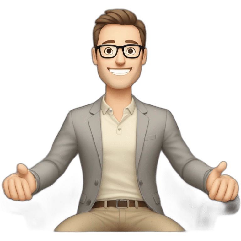 Joyful Celebrating victory Hands up Pale skinned Fit Man With dark brown hair in gray jacket, beige office shirt, Brown pants and vintage glasses sitting In a soft chair emoji