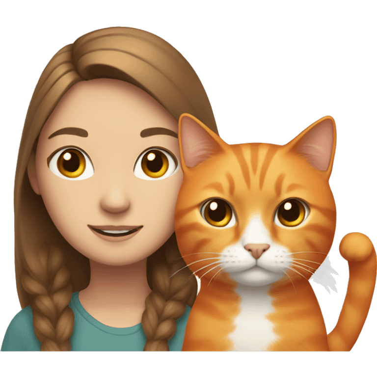 Orange cat with a fair-skinned girl with brown hair. emoji