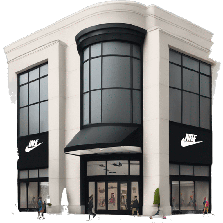 “Nike store exterior with a black facade, iconic swoosh logo, large glass windows displaying athletic wear, and sleek entrance doors.” emoji