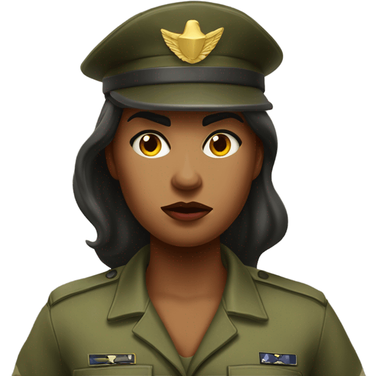 a female drill sergeant character wearing a classic sergeant hat and a camouflage army shirt. The character should have an angry intense expression. full torso emoji