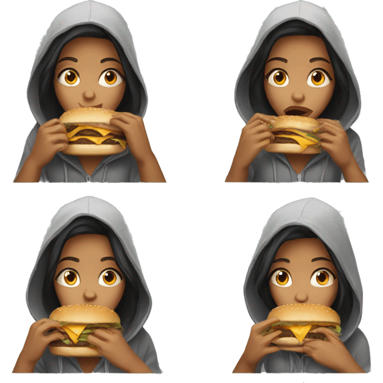 Amy in hoodie eating burger emoji