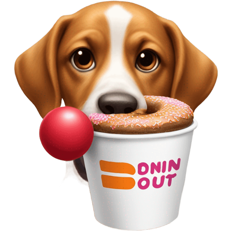 dog holding a dunkin donut coffee with red ball emoji