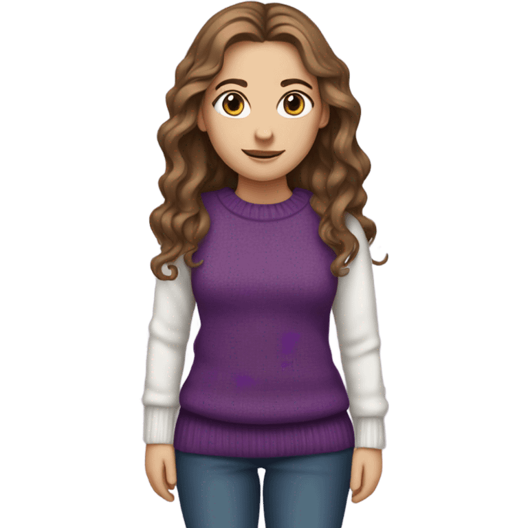 White girl with long brown wave hair and wearing a purple sweater  emoji